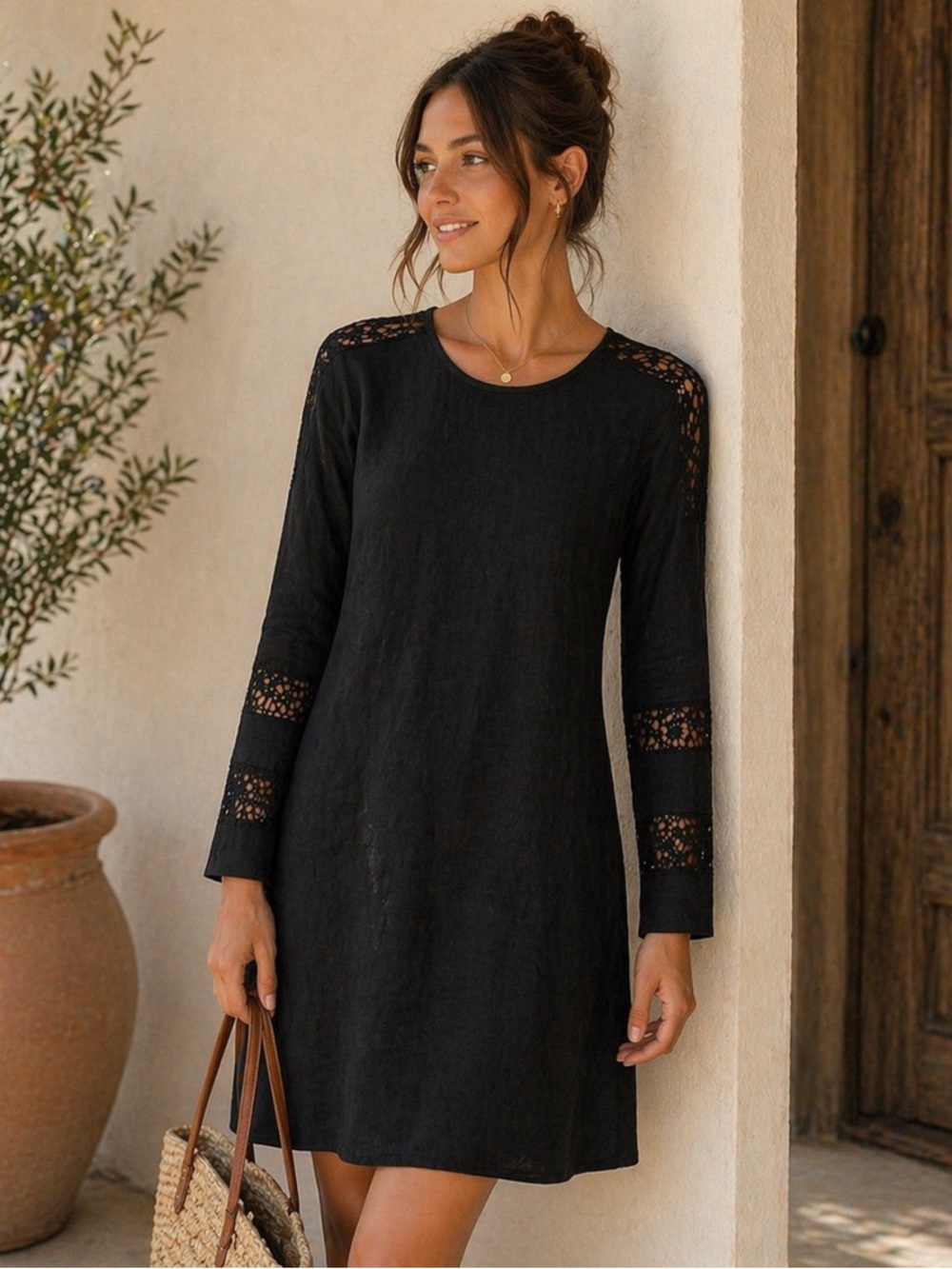 Linen Crochet Sleeve Dress Size Small Black